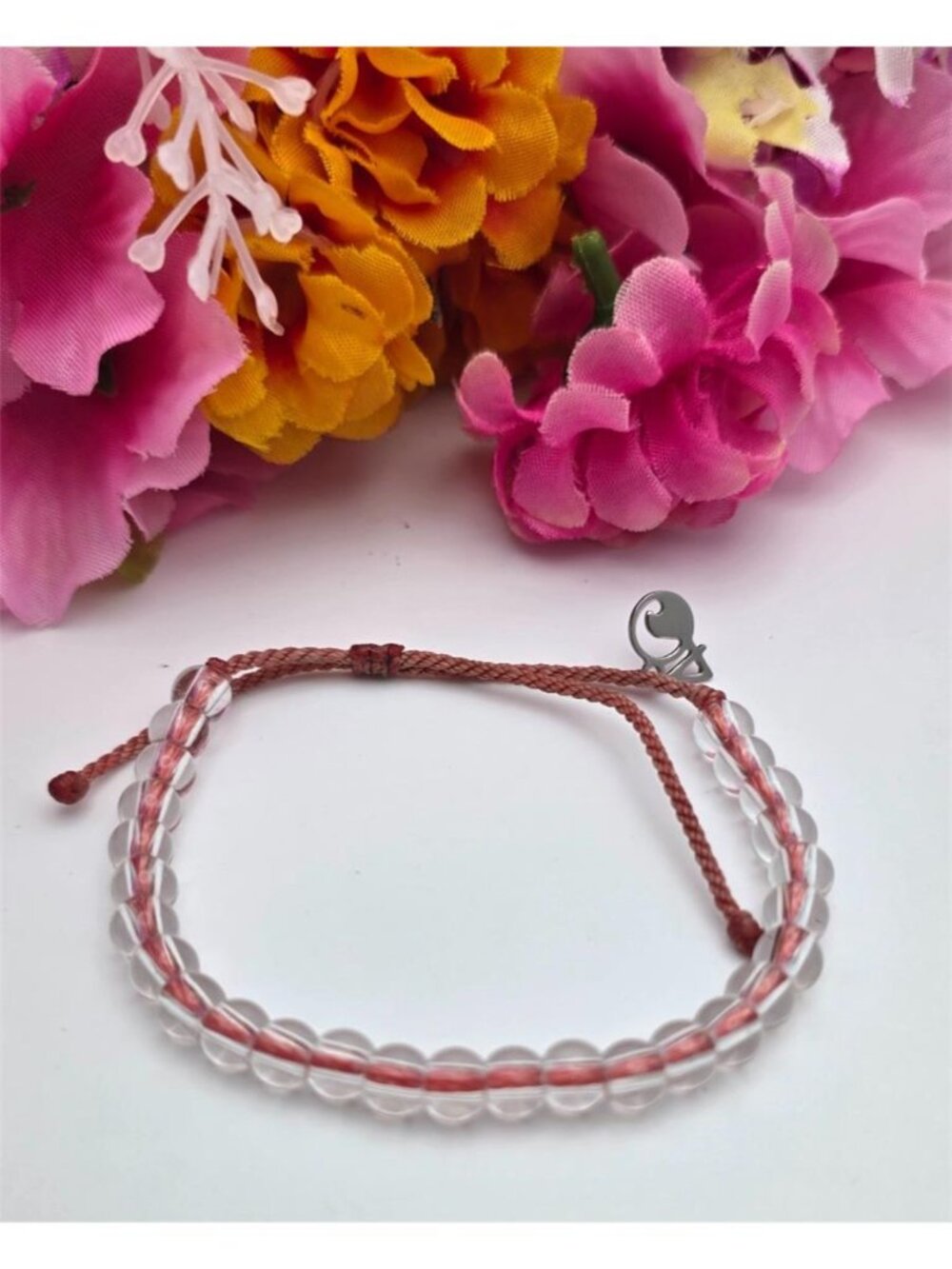 4Ocean Clear Bead Bracelet Peach Cord Adjustable Slide Knot 6mm Unisex
